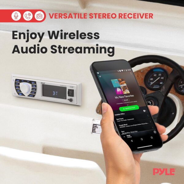 Pyle Marine Radio Receiver Speaker Set 12v Single Din Style Bluetooth Compatible Waterproof Digital Boat In Dash Console System with Mic 4 Speakers, Remote Control, Wiring Harness PLMRKT38W (White) - Image 2