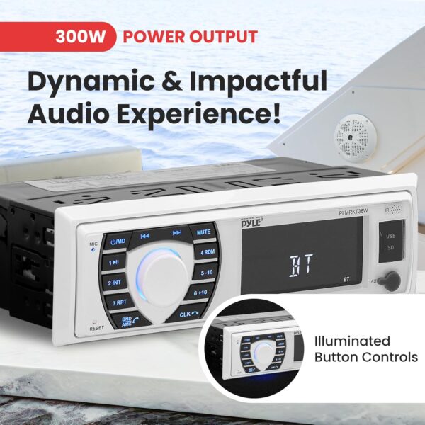 Pyle Marine Radio Receiver Speaker Set 12v Single Din Style Bluetooth Compatible Waterproof Digital Boat In Dash Console System with Mic 4 Speakers, Remote Control, Wiring Harness PLMRKT38W (White) - Image 3