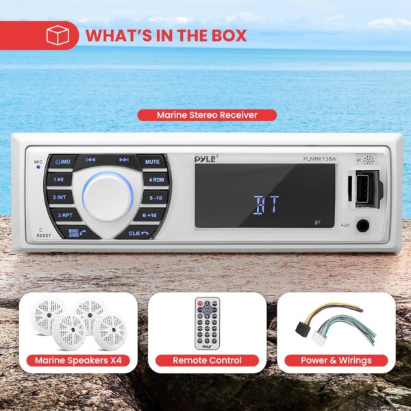 Pyle Marine Radio Receiver Speaker Set 12v Single Din Style Bluetooth Compatible Waterproof Digital Boat In Dash Console System with Mic 4 Speakers, Remote Control, Wiring Harness PLMRKT38W (White) - Image 6
