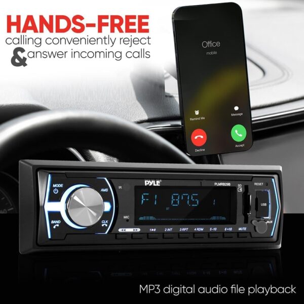 Pyle Marine Bluetooth Stereo Radio - 12v Single DIN Style Boat In dash Radio Receiver System with Built-in Mic, Digital LCD, RCA, MP3, USB, SD, AM FM Radio - Remote Control - PLMRB29B (Black) - Image 4