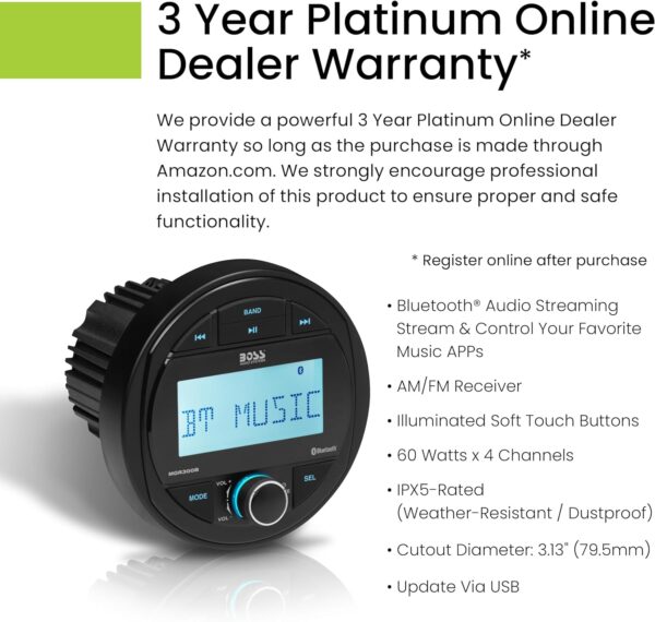 BOSS Audio Systems MGR300B Marine Boat Stereo Gauge Receiver - Bluetooth, No CD DVD Player, AM/FM Radio, IPX5 Weatherproof, USB, MP3 - Image 3