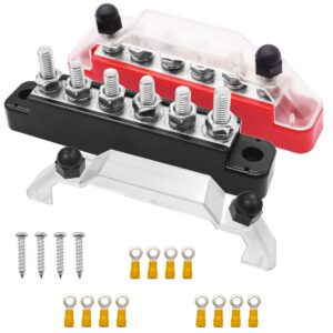 150A 12V Bus Bar Marine Power Distribution Terminal Block with Cover with 6 x 1/4” (M6) Post,Battery Bus Bar (Pair, Red & Black),Automotive Busbarsfor Car Boat Marine