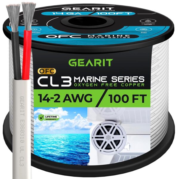 GearIT 14/2 Marine Wire (100 Feet) 14AWG Gauge - Tinned OFC Copper/Marine Grade Speaker Cable/Duplex / 2 Conductors - OFC Oxygen-Free Copper, White 100ft