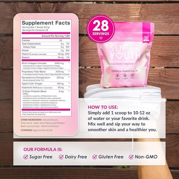 SkinnyFit - Super Youth, Tropical Punch (30 Servings) - Multi Collagen Peptides Powder - Probiotics, Fiber, Hyaluronic Acid - Collagen for Women - Non GMO, Gluten Free, Sugar Free - Beauty & Self Care - Image 4