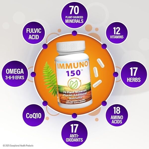 Immuno150 Immune Support Supplement, 150 Vegetable Capsules - Immunity Boost Packed with 70 Trace Minerals, 13 Essential Vitamins, Antioxidants, Herbs & Amino Acids - Immune System Booster for Adults - Image 3